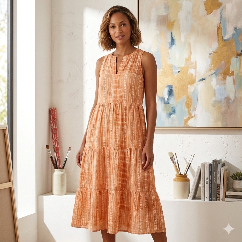 J Jill Womens Size Small Orange Dip-Dyed Tiered Maxi Dress Sleeveless Boho